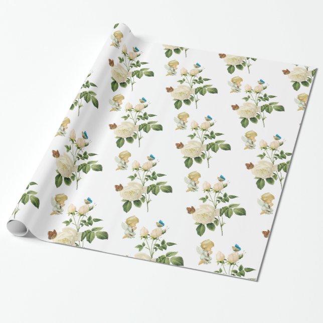 Glänsande presentpapper, änglar rosor fjäril presentpapper (Utrullad)