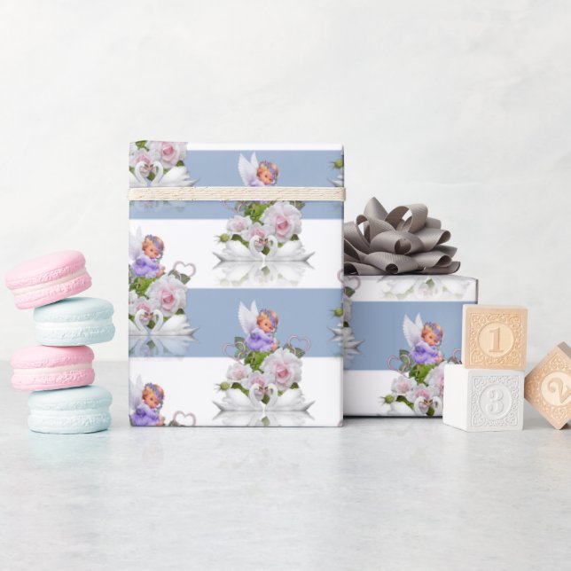 Glänsande presentpapper blå och vit rand  (Baby Shower)