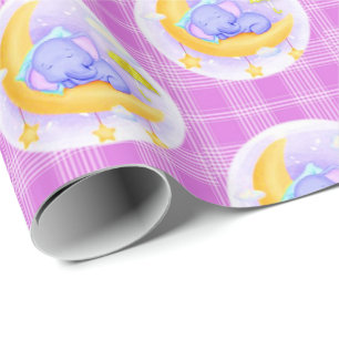 Glänsande presentpapper elefant lila rutig