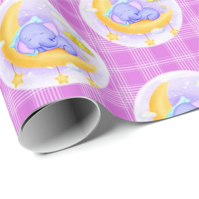 Glänsande presentpapper elefant lila rutig (Rullad Hörn)