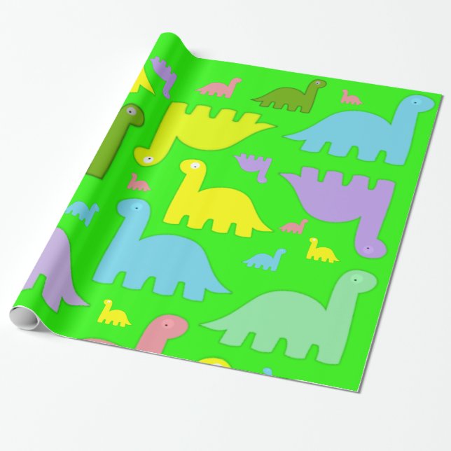 Glänsande presentpapper, färgglada dinosaurier grö presentpapper (Utrullad)