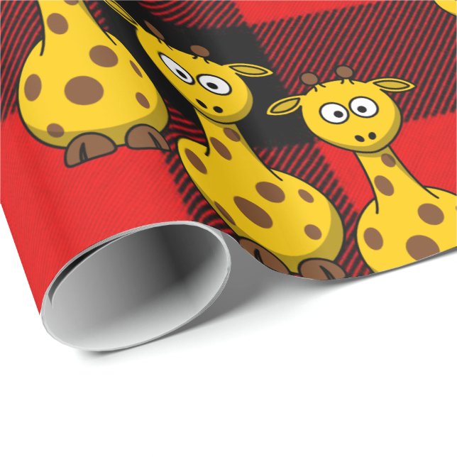 Glänsande presentpapper Giraff Röd svart rutig (Rullad Hörn)