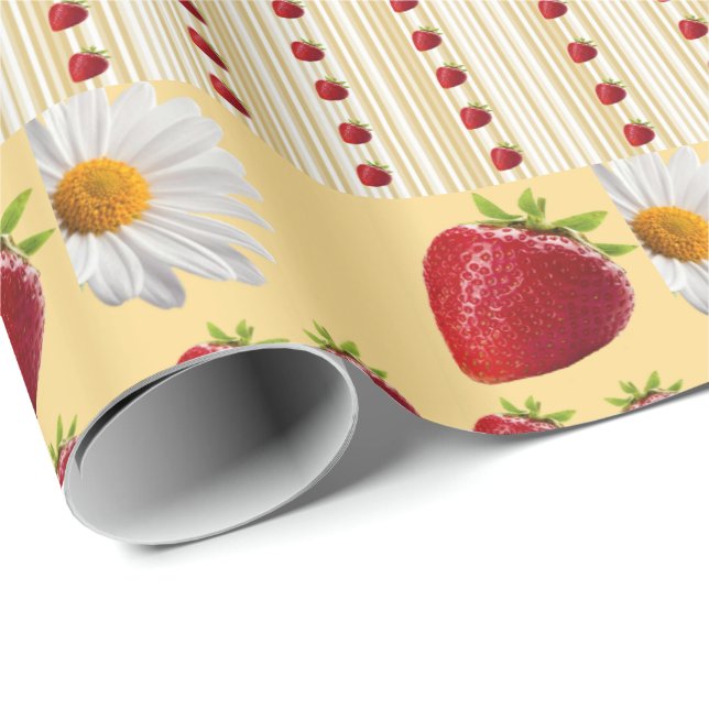 Glänsande presentpapper Jordgubbsvit tusenskönor (Rullad Hörn)