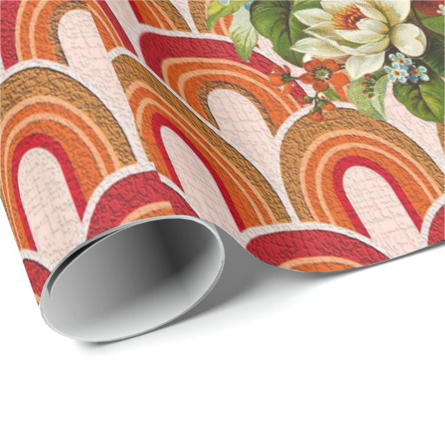 Glänsande presentpapper orange blommig (Rullad Hörn)