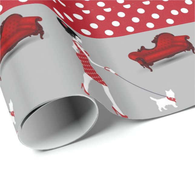 Glänsande presentpapper röd prickig hund (Rullad Hörn)