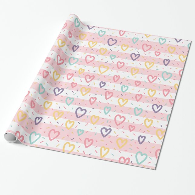 Glänsande presentpapper rosa & vit rand hjärtan (Utrullad)