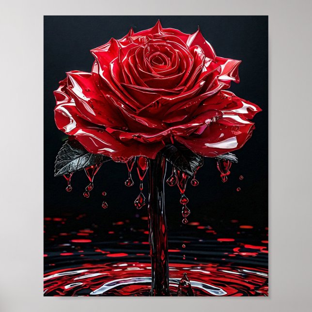 Glänsande Röd Ros med Daggdroppar Romantisk Poster (Framsidan)