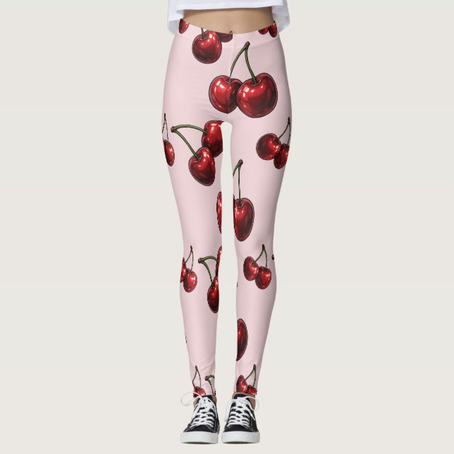 Glänsande röda körsbär Retro Glam "Saftiga & söta" Leggings (Framsida)