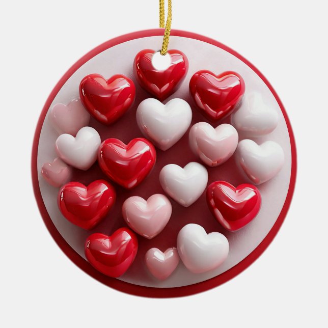 Glänsande röda och vita hjärtan julgransprydnad keramik (Framsidan)