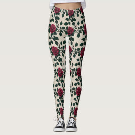 Glänsande röda rosor med mörkgröna blad leggings