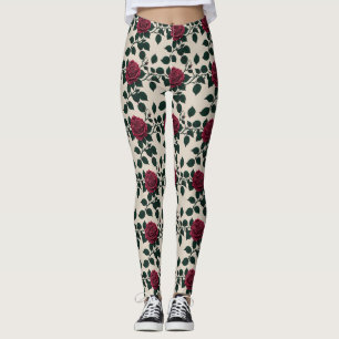 Glänsande röda rosor med mörkgröna blad leggings