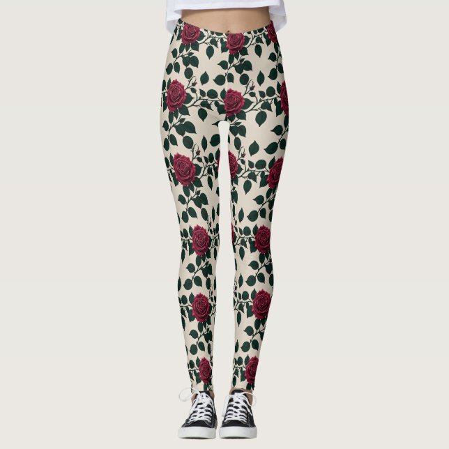 Glänsande röda rosor med mörkgröna blad leggings (Framsida)