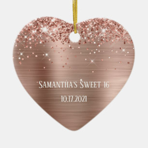 Glänsande Rosa Guld Folie Personlig Sweet 16 Julgransprydnad Keramik