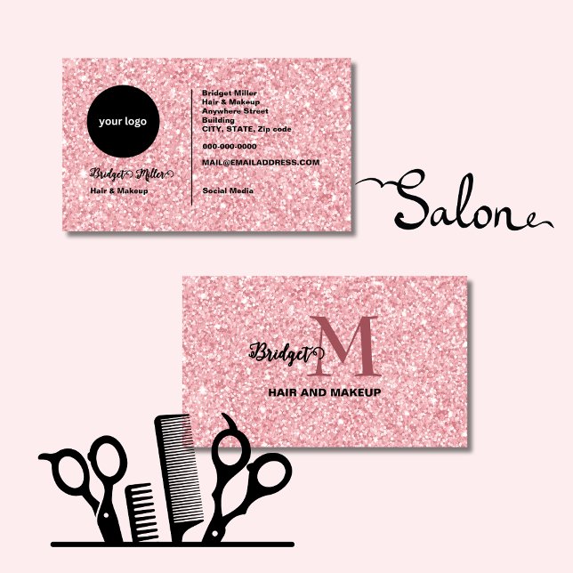 Glänsande rosa hår Makeup monogram Logotyp Visitkort (Skapare uppladdad)