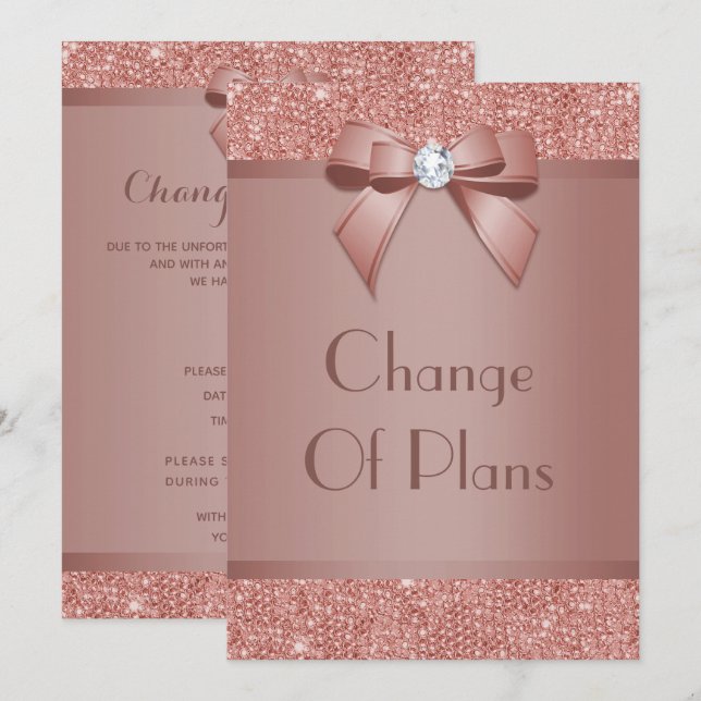 Glänsande Roséguld Båge & Ädelsten Ändring Av Plan Inbjudningar (Fram/baksida)