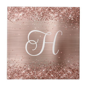 Glänsande Roséguld Glitter och Folie Monogram Kakelplatta