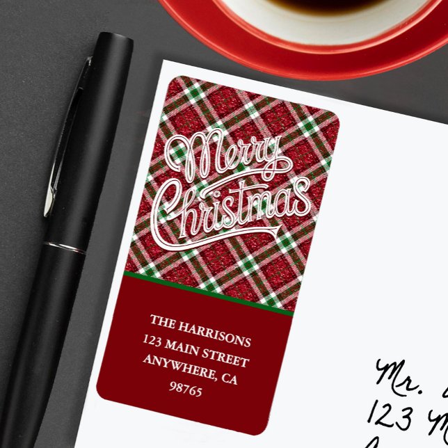 Glänsande Rutig God Jul Returadress Adressetikett (Chic faux sparkly plaid Merry Christmas return address labels
)