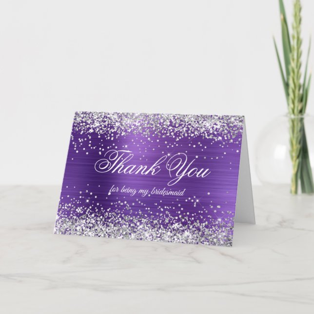 Glänsande Silver Glitter Amethyst Folie Brudtjänst Tack Kort (Framsida)