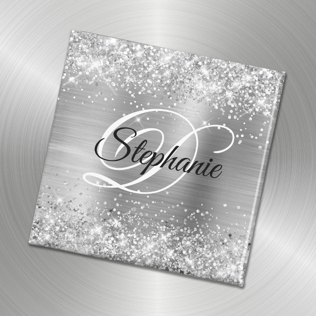 Glänsande Silver Glitter Folie Fancy Monogram Magnet (Skapare uppladdad)