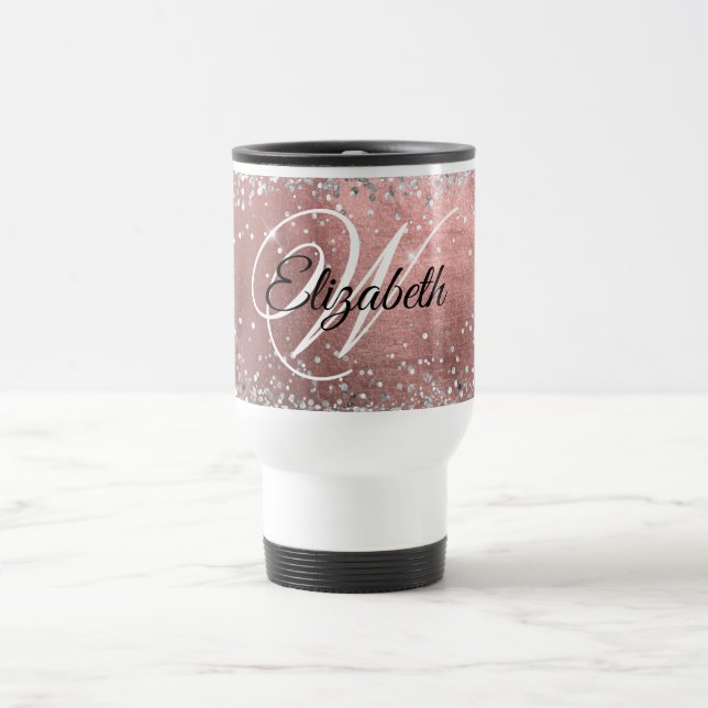 Glänsande silver glitter rosé glansig monogram resemugg (Center)