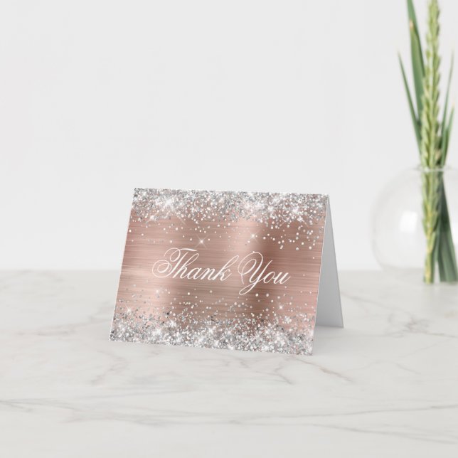 Glänsande silverfalskt glitter skinande roséguld f tack kort (Framsida)