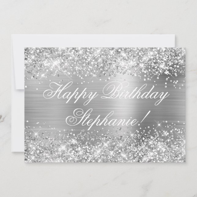 Glänsande silverfolie Fancy Happy Birthday Kort (Framsida)
