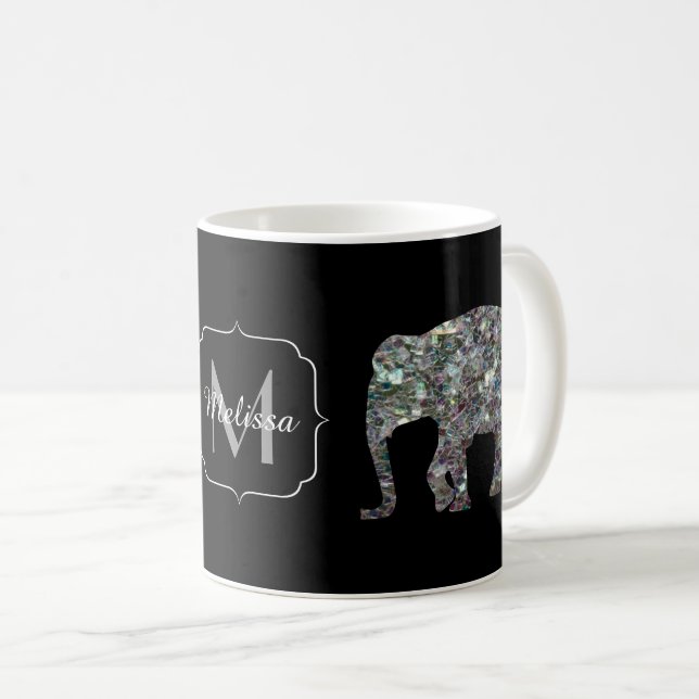 Glänsande silvermosaik glitter Elefantmonogram Kaffemugg (Framsida höger)