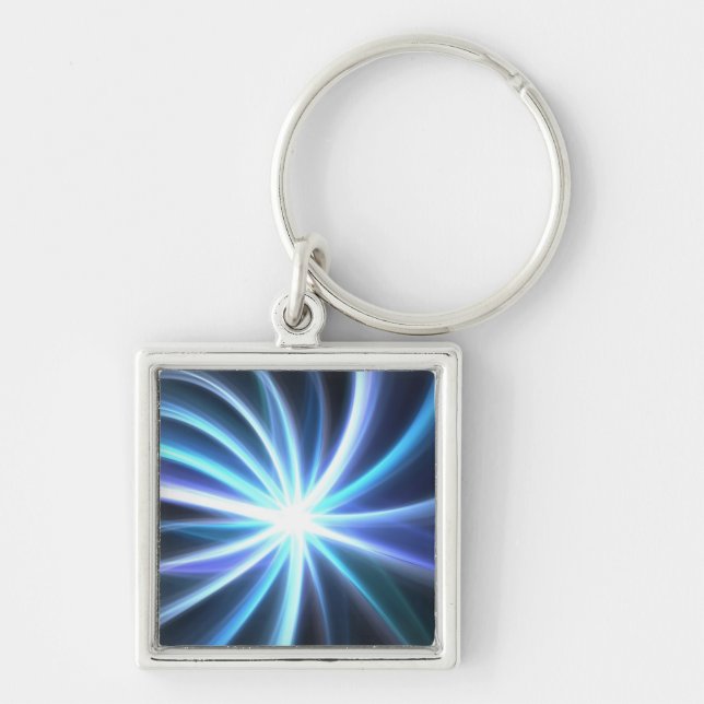 Glänsande sol- Fractal Starburst för blått Fyrkantig Silverfärgad Nyckelring (Framsidan)