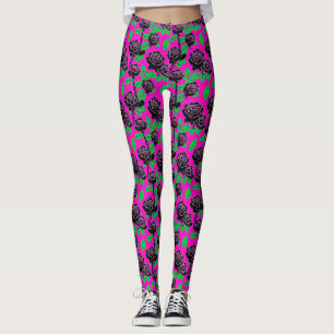 Glänsande svarta rosor på en het rosa bakgrund leggings