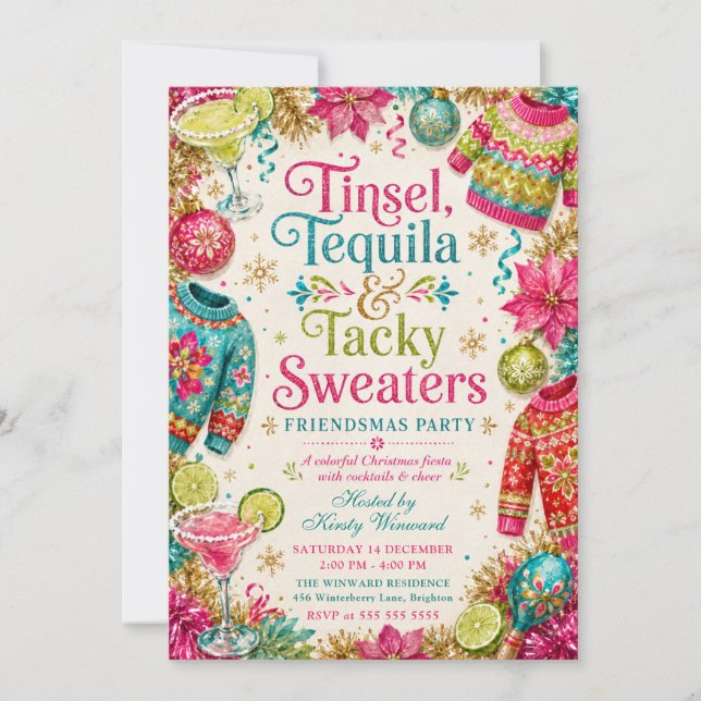 Glänsande Tequila Fula Tröjor Vännerjul Fest Inbjudningar (Framsida)