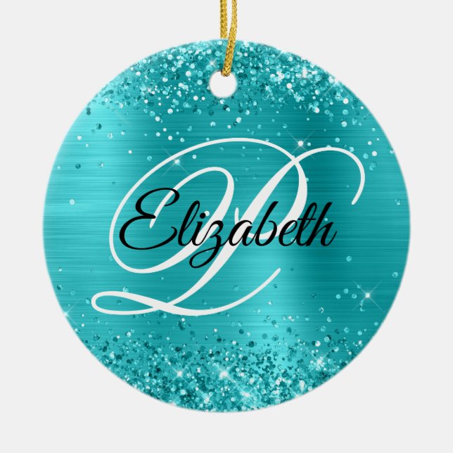 Glänsande turkos blå folie monogram julgransprydnad keramik (Framsidan)