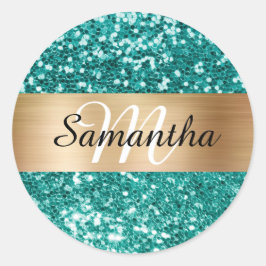 Glänsande Turkos Glitter Guldskimrande Monogram Runt Klistermärke