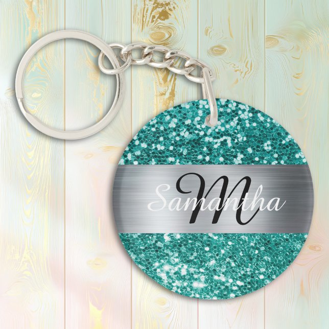 Glänsande turkos glitter silverfolie-monogram (Sparkly Teal Glitter Silver Foil Monogram Keychain)