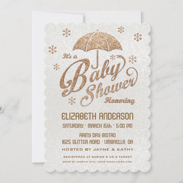 Glänsande vintervit och guld baby shower inbjudan (Framsida)