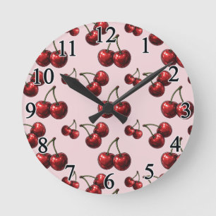 Glänsiga röda körsbär rosa retro glam rund klocka