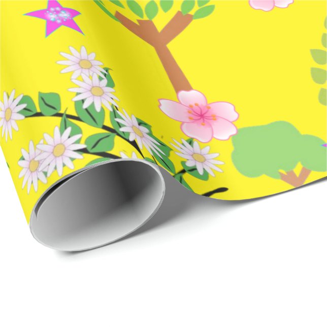 Glänsigt inslagspapper, fårträd blommigt gult presentpapper (Rullad Hörn)