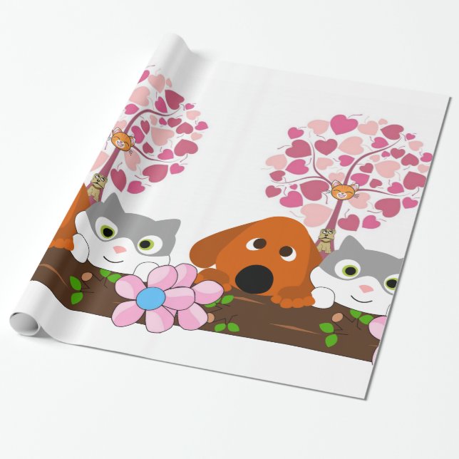 Glänsigt inslagspapper, katt hund blommig presentpapper (Utrullad)