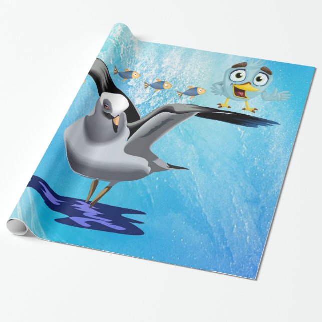Glansigt inslagspapper, mås fåglar fisk våg presentpapper (Utrullad)