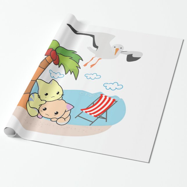 Glänsigt inslagspapper, Strand Katter Fåglar Presentpapper (Utrullad)
