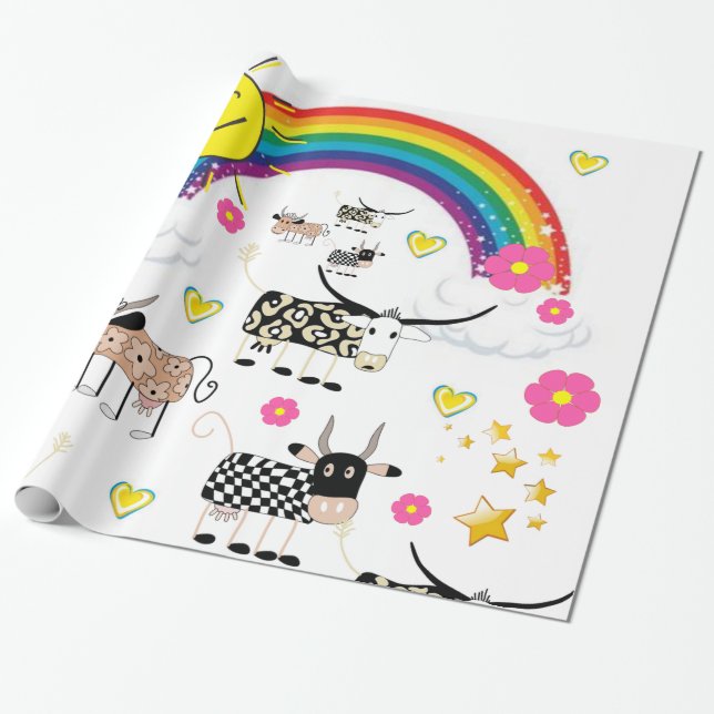 Glänsigt presentpapper, regnbåge kor blommor stjär presentpapper (Utrullad)