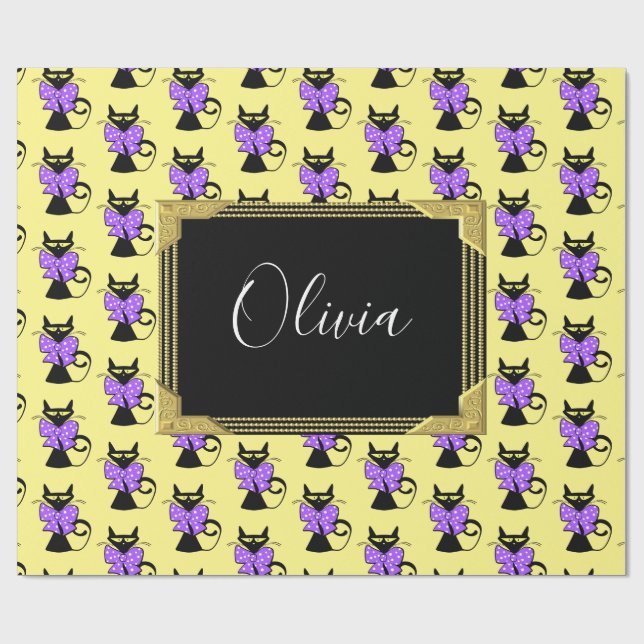 Glänsigt presentpapper, svart gul kattmonogram presentpapper (Platt)
