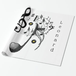 Glänsigt presentpapper, svarta och vita notblad presentpapper