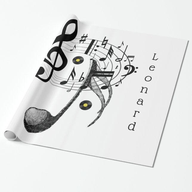 Glänsigt presentpapper, svarta och vita notblad presentpapper (Utrullad)