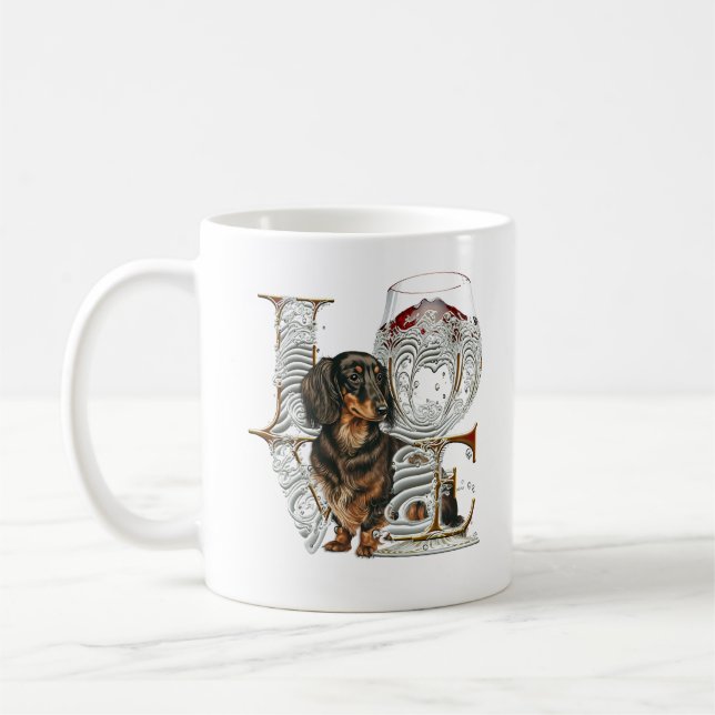Glas av Dachshund Vin som framställs KÄRLEK Ord Kaffemugg (Vänster)