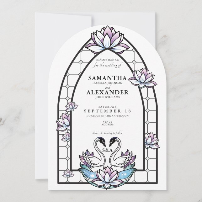 Glas av grått Svanar Vatten Lilies Bröllop Inbjudningar (Framsida)