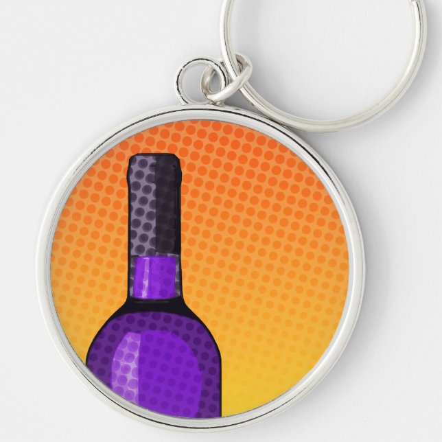 Glas av halvtonsglas tecknad vin och flaska rund silverfärgad nyckelring (Framsidan)