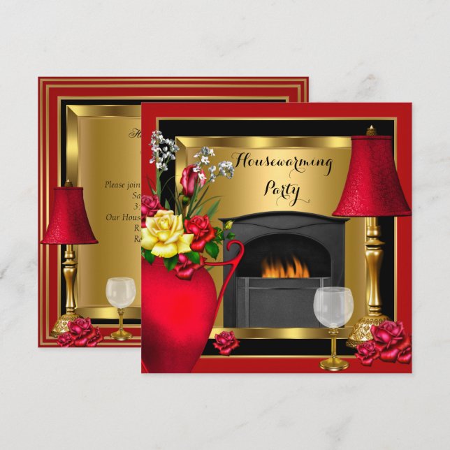 Glas av Houseuppvärmda Red Guld Ro Decor Vin Inbjudningar (Fram/baksida)