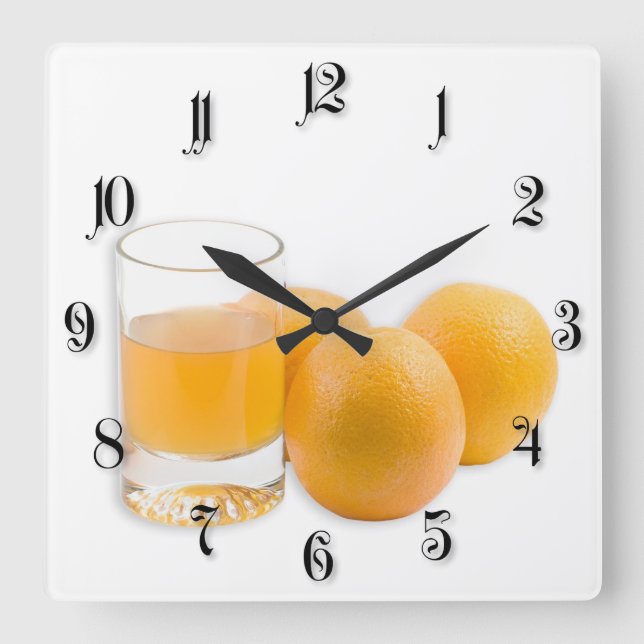 Glas av saften och de tre orangarna fyrkantig klocka (Framsida)