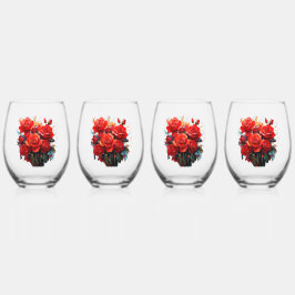 Glas av stenlöst Vin - Röd ros-teckningen