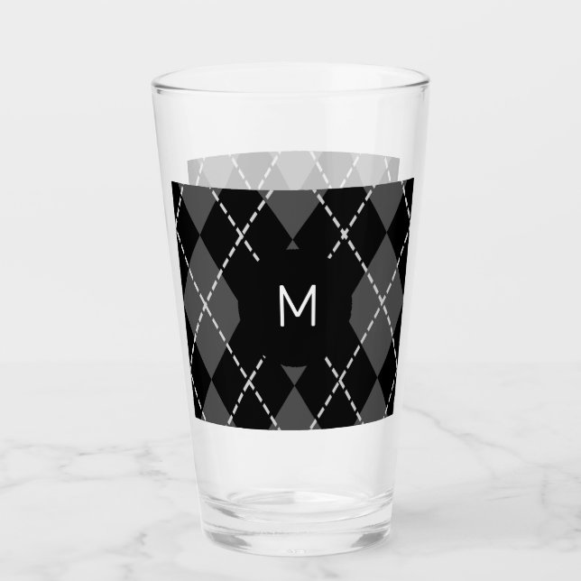 Glas av svart och vitt argyle, monogram tumbler (Framsida)